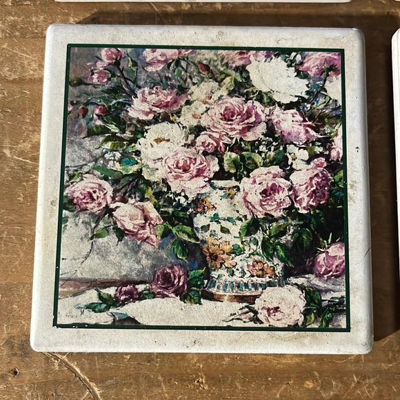 VTG Set of 4 Ceramic Potted Roses Costers - Picture 1 of 4